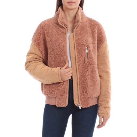 NWOT AVEC LES FILLES Mixed Media Teddy Zip-front Jacket In Green S - Picture 2 of 5